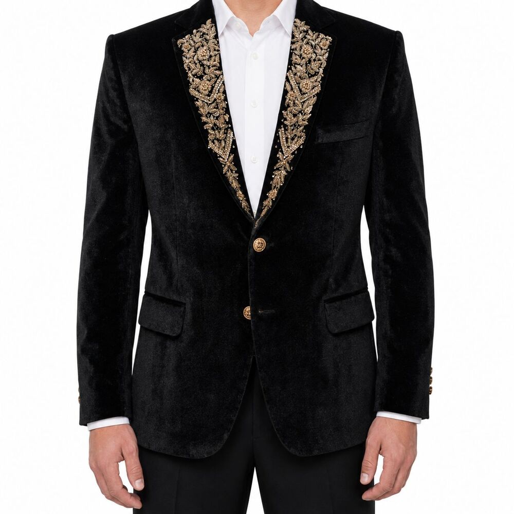 Mens 42R Black Velvet Blazer Gold Floral Pearl Beaded Embroidered Tuxedo Jacket